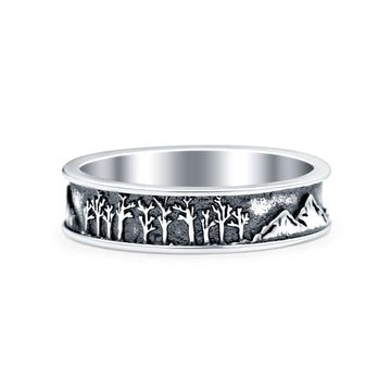 Mountains & Trees Oxidized Band Solid 925 Sterling Silver Thumb Ring (5mm)